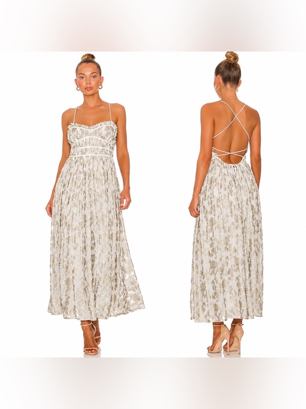Free People Charlie Bustier Metallic Maxi Dress Gold Beige Small